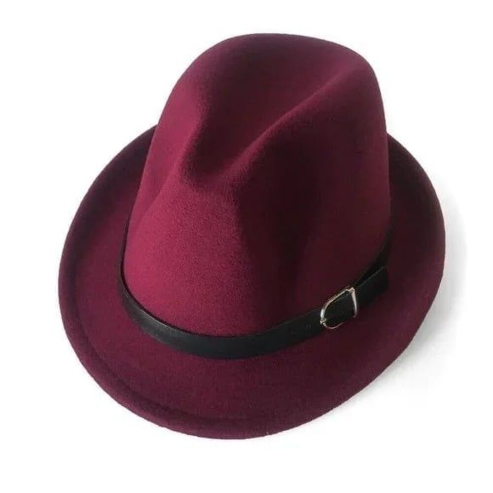 Women Men Classic Trilby Panama Leather Belt Buckle Wool Fedora Hat US - Wine